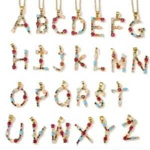 Initial Pendant Necklace Multi-color Rhinestones Gold Tone Chain